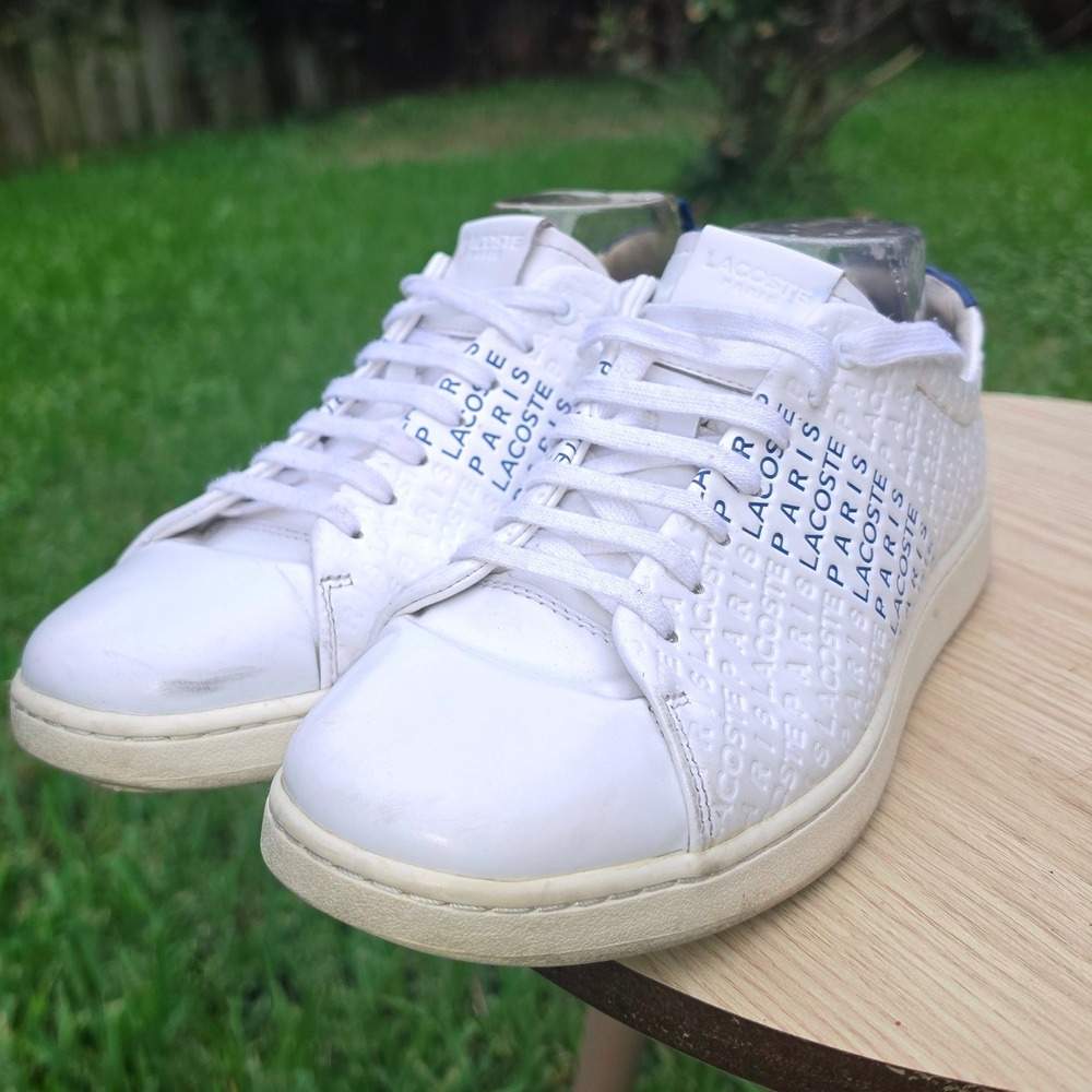 Lacoste Carnaby Evo White Leather Paris Logo Sneakers Blue Heel Tab Mens 8